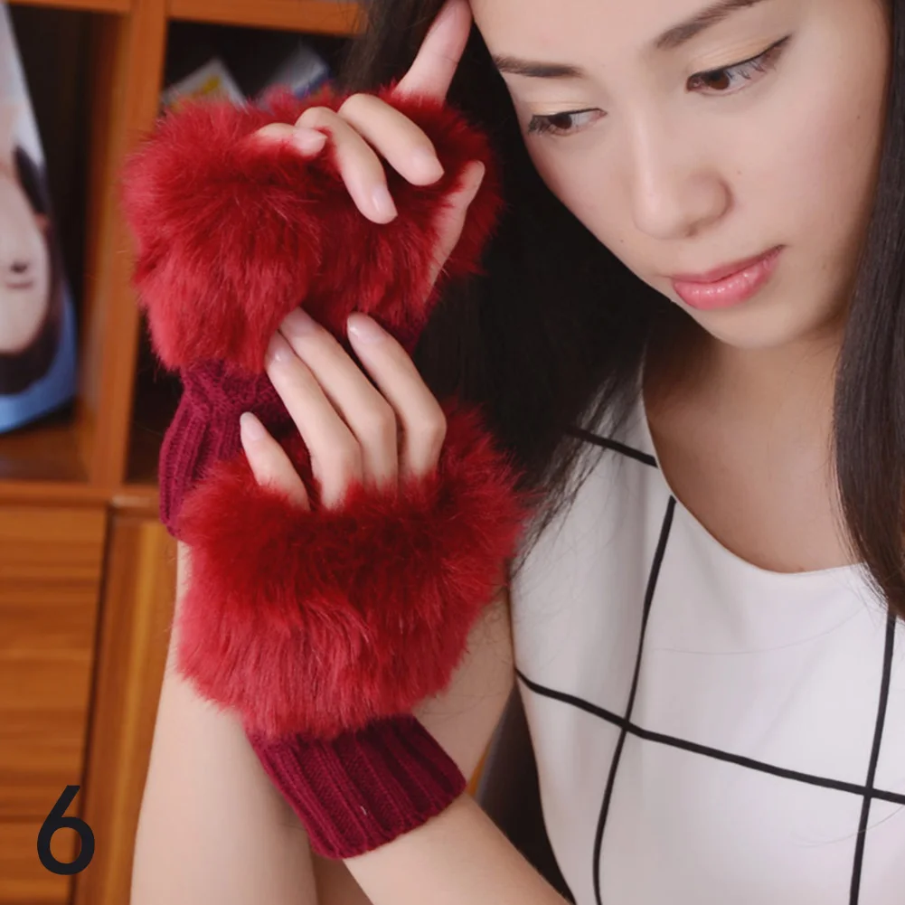 

Faux Fur Fingerless Gloves For Women Winter Plush Half Finger Gloves Woolen Knitted Wrist Warmer Gloves Keep Warm Short Mittens
