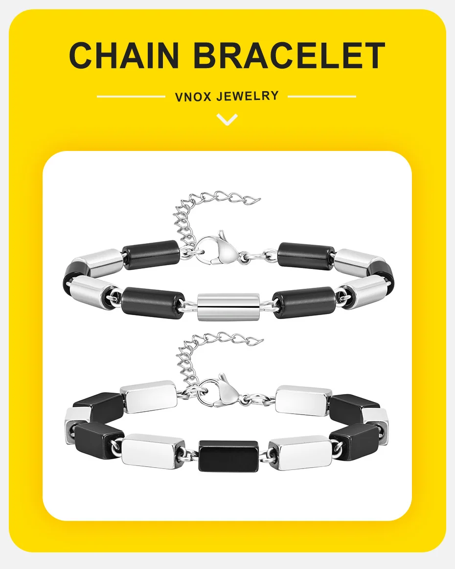 Vnox 2 Töne Ketten armbänder für Männer, schwarzes Edelstahl geometrisches Rohr Glieder kette Armband, einfacher Metalls chmuck – Detail 1