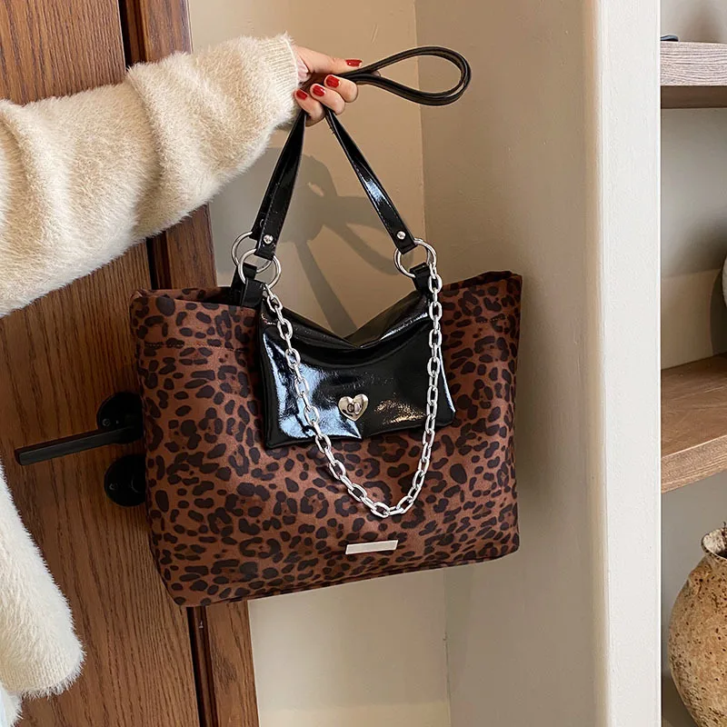 Fashion Leopards Pattern Women Shoulder Bag PU Canvas Casual Shopping Shoppers Bag Large Capacity Ladies Handbags Travel Totes