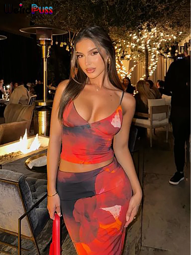 Weird Puss Tie-Dye Print 2 Piece Set Women Summer Y2K Fashion Hipster Elegant V-Neck Camisole+Maxi Skirts Matching Streetwear 3