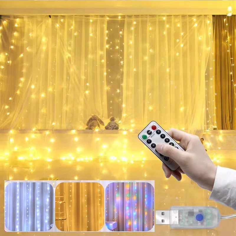 

Curtain Garland Led String Lights Festival Christmas Decoration 8 Modes Usb Remote Control Holiday Fairy Lights For Bedroom Home