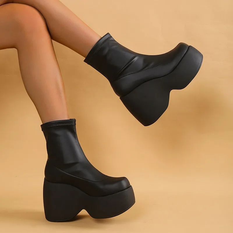 Design Women's Mid Calf Boots Platform Wedges High Heels Gothic Punk Shoes Autumn Ladies Fashion Plus Size Long Boots women knee boots