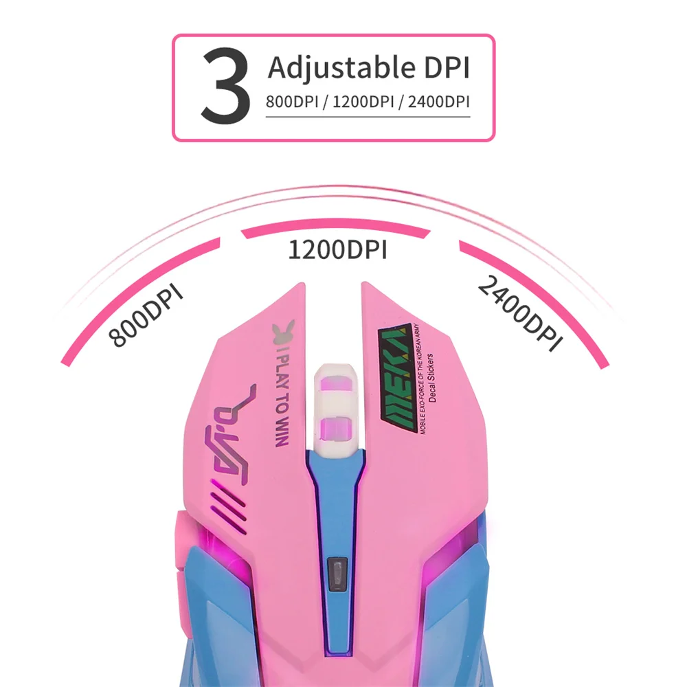 충전식 무선 무소음 마우스, 빛나는 DVA 컴퓨터 게이밍 마우스, PC 노트북 컴퓨터용 2400DPI, RGB 라이트
