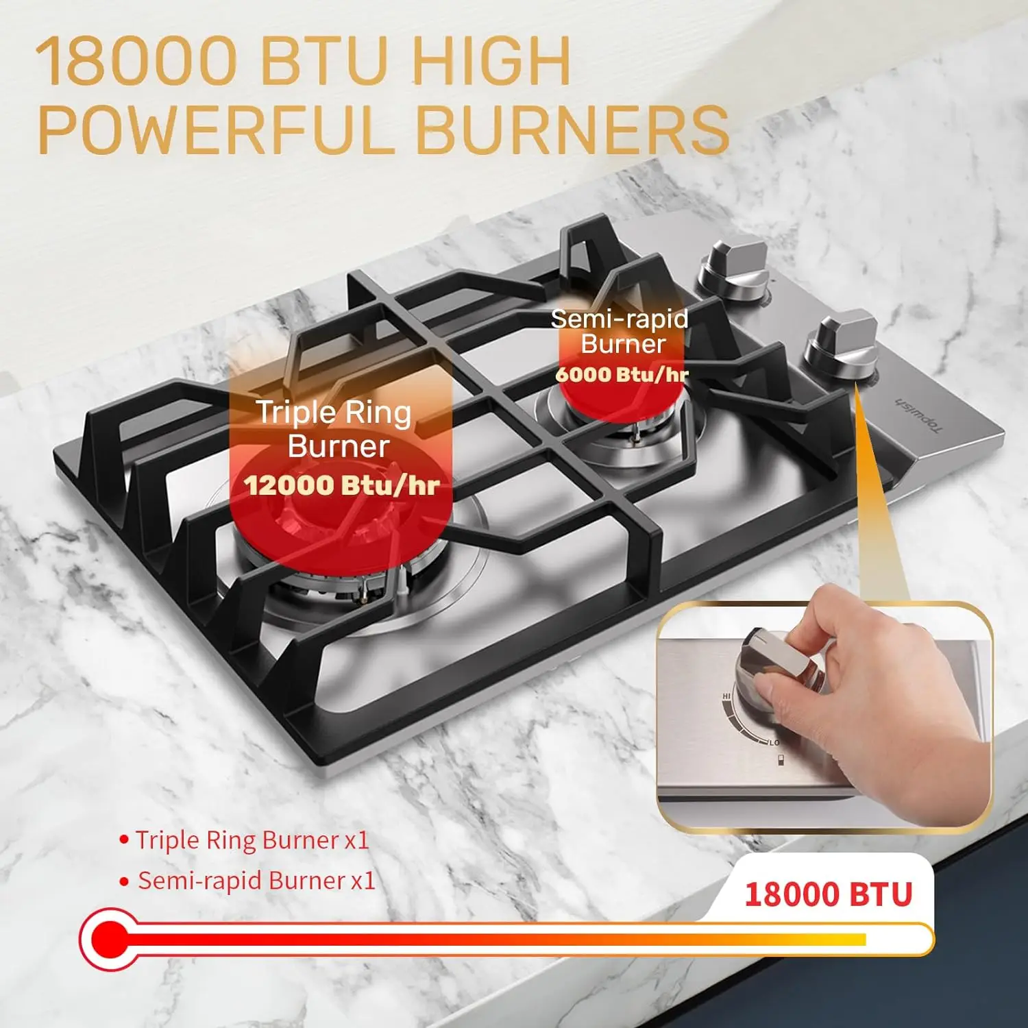 2 Burner Propane Gas Cooktop, 12" Inch LPG/NG Built-in Gas Stove Top with 2 ITALY SABAF Sealed BurnersRV Stove Top withProtect