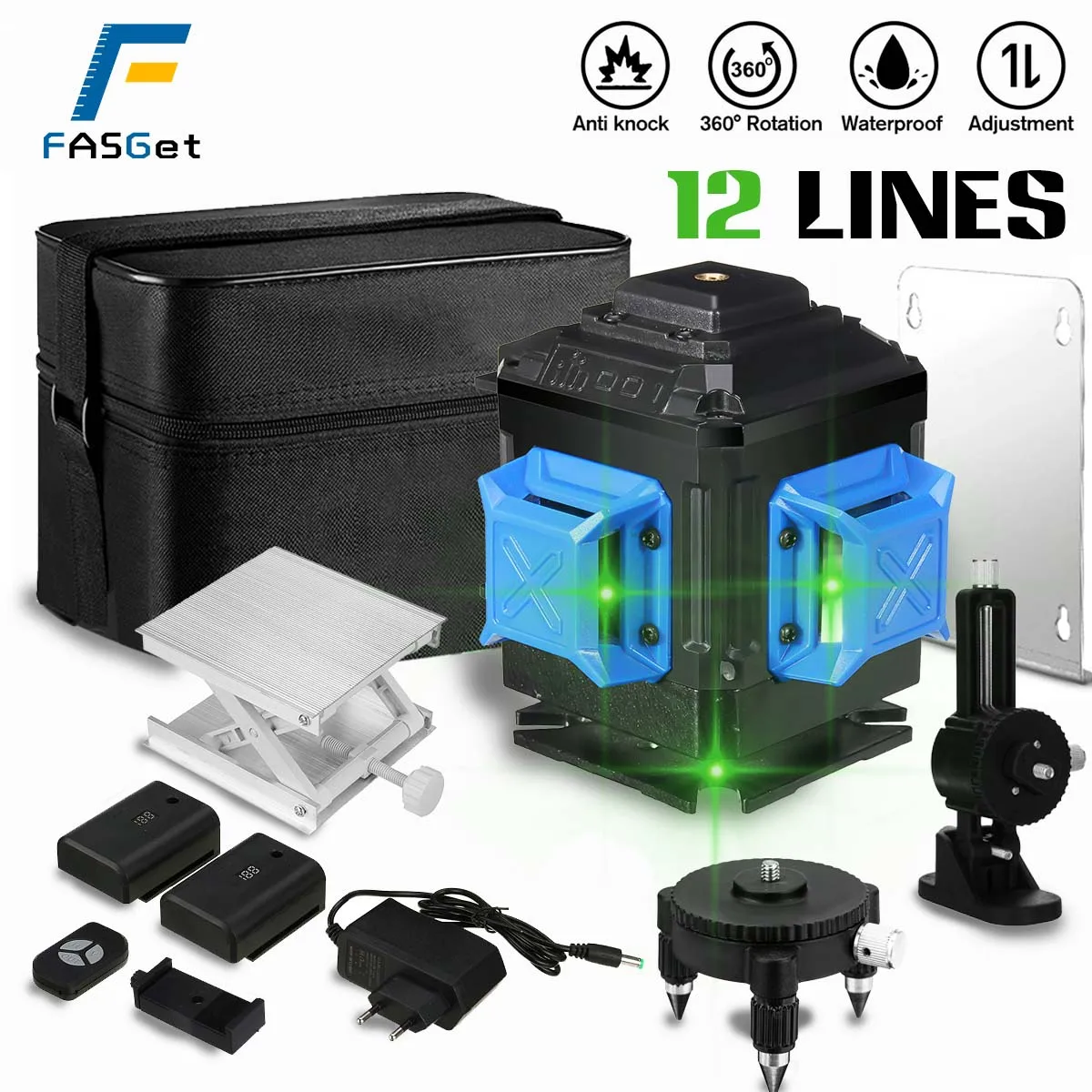 

FASGet 12 Lines 3D Laser Level Self-Leveling 360 Horizontal And Vertical Cross Super Powerful Green Laser Level With 2 Battery