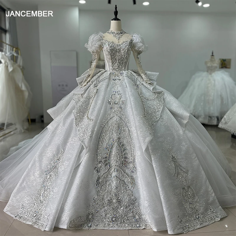 

Jancember Luxury International Dresses For Women 2024 Ball Gown Full Sleeves Wedding Dress Pearls Bow Backless vestido de novia