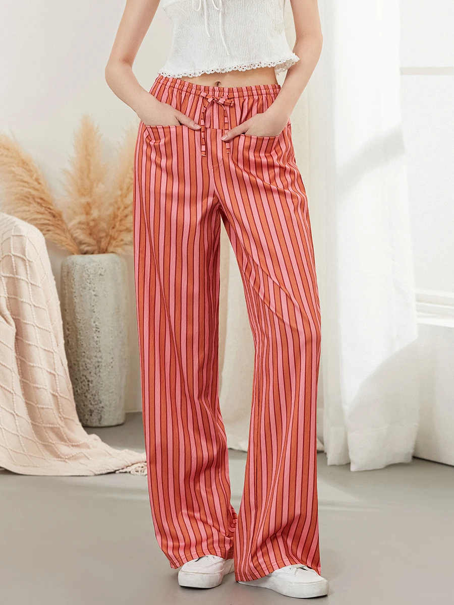 Women Baggy Pants Drawstring Waist Wide Leg Striped Pants Multiple Pockets Trousers