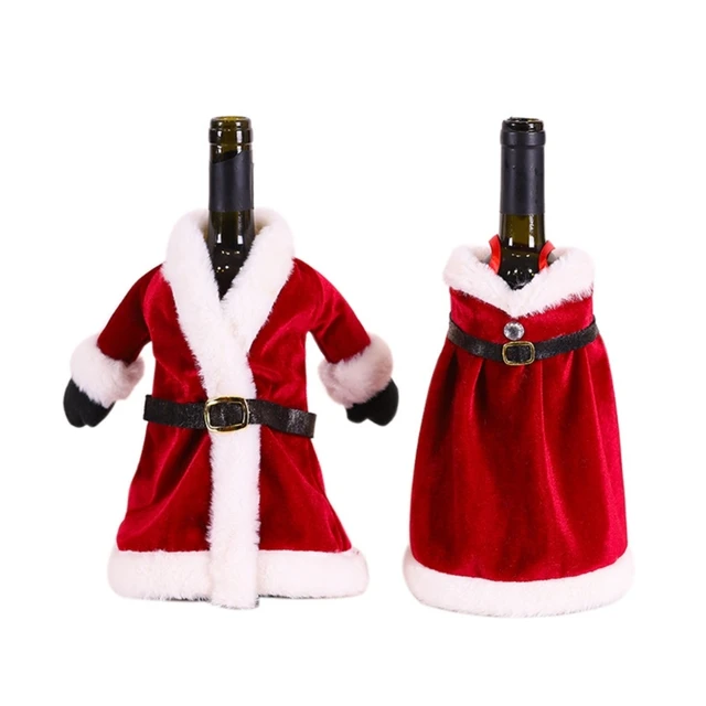 2pcs Sweater Christmas Wine Bottle Cover Fur Bottle Holder Xmas Champagne  Bottle Dress Plaid Drink Sleeves Button Bow Knot