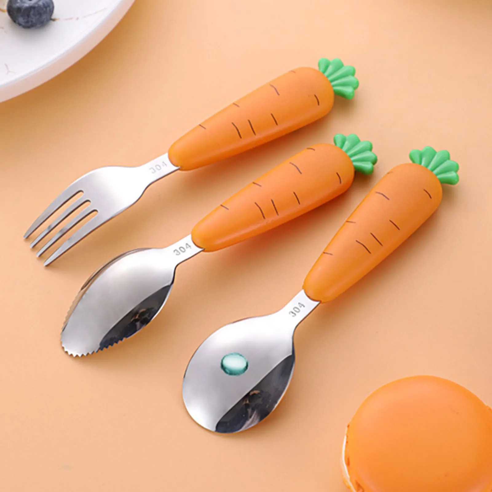 Toddler Utensils Stainless Steel Baby Forks And Spoons With Cartoon Carrot Round Handle Round Cartoon Carrot Handle Kids
