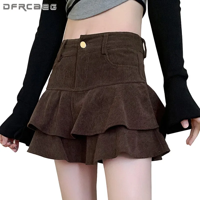 

Coffee Casual Corduroy Layered Short Skirt For Women 2023 Autumn High Waist Sexy Mini Cake Saias With Ruffles Black