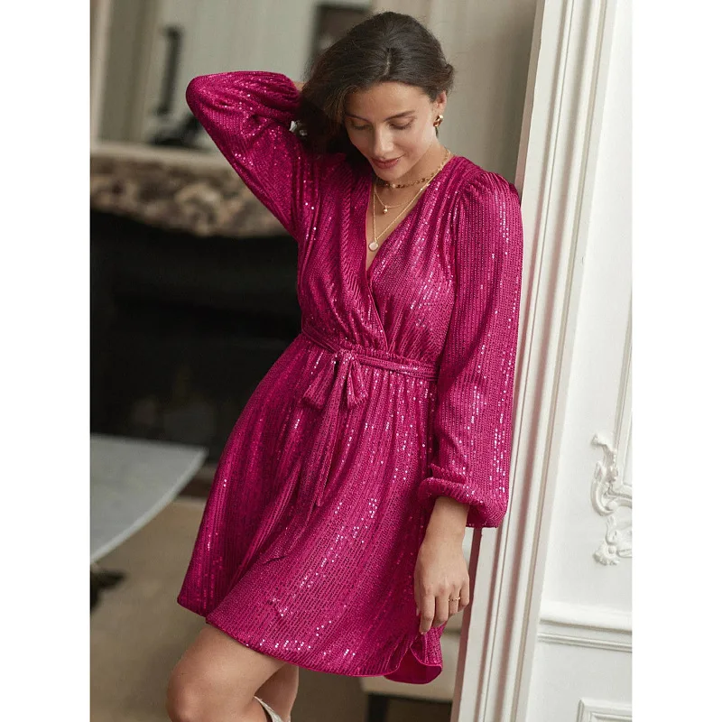 

SKMY 2024 Solid Color V-Neck Lace-Up Casual Loose Sequin Dress Long Sleeve Party Dress Night Club Outfits Womans Clothing