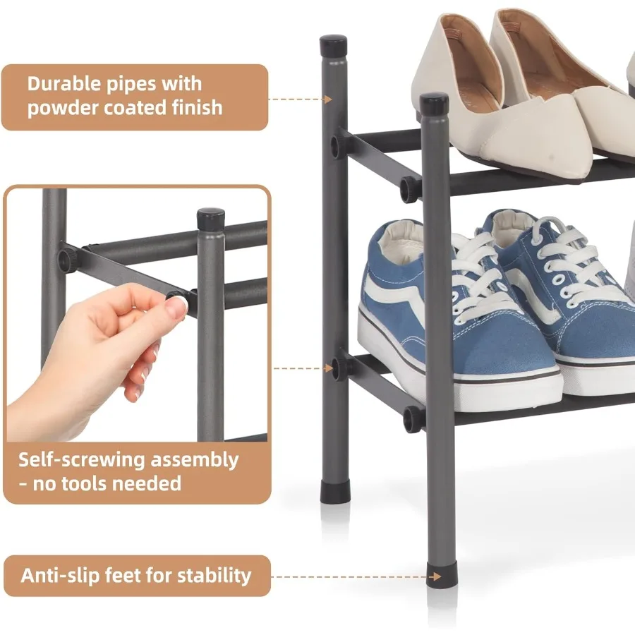 Expandable Shoe Rack 8 Pairs Stackable Small Shoe Rack Metal Adjustable Shoes Organizer for Closet Entryway Hallway Garage Fron