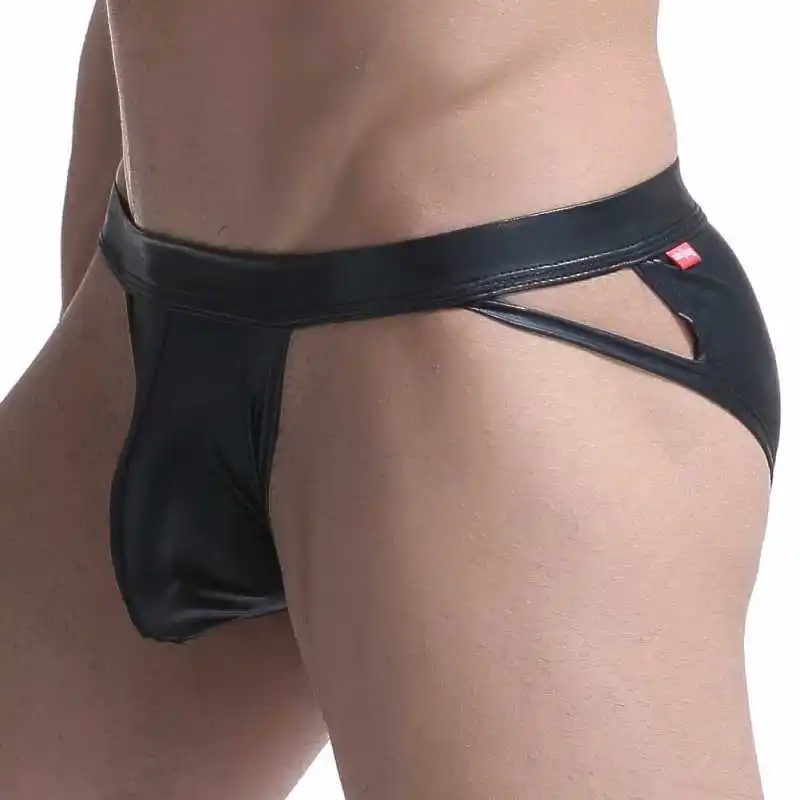 Sexy Men Faux Leather Briefs Gay Underwears Bulge Penis Pouch High Slit Male Panties Erotic Jockstrap Underpants Fetish Lingerie 4