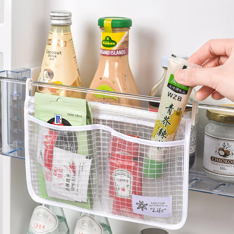 

1/2pcs Fridge Organizer Refrigerator Storage Mesh Bag Hanging Seasoning Food Snacks ketchup Net Bag Two Grids Storage Mesh Bag