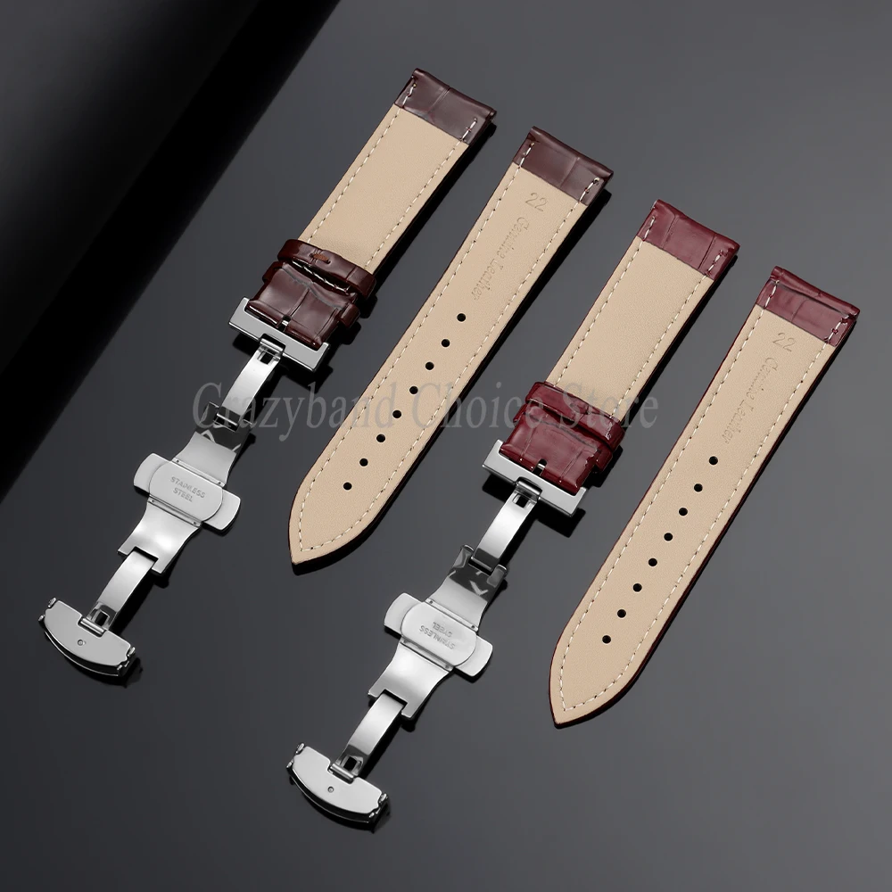 Elegant Leather Watch Strap with Metal Butterfly Clasp and Wooden Box (14mm-22mm)