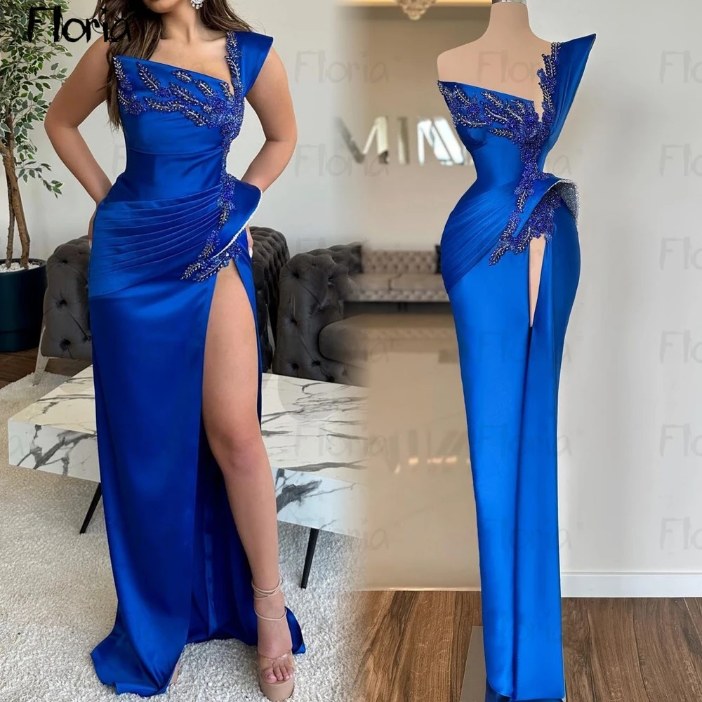 

Gorgeous Royal Blue High Slit Prom Gowns Women 2023 Elegant Caped Sleeve Beade Sequin Wedding Party Gowns Occasion Dresses