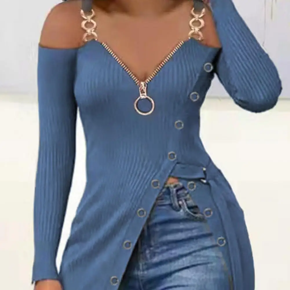 Women Blouse V-neck Zipper Collar Long Sleeve Buttoned Decor Waist Band Chain Strap High Split Long T-shirt Female Clothing