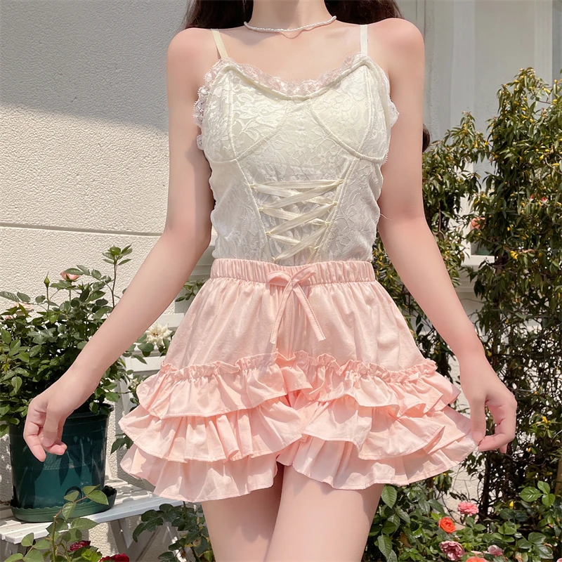 New Japanese Style Ruffled Cake Skirt Trousers Crinoline Women's Summer Anti-Exposed Pettiskirt Safety Pants Leggings Shorts