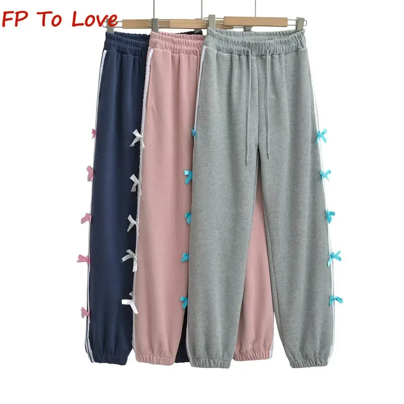 

2024 Spring/Autumn Blogger Same Side Bow Casual Sweatpants Elastic Waist Drawstring Casual Pants