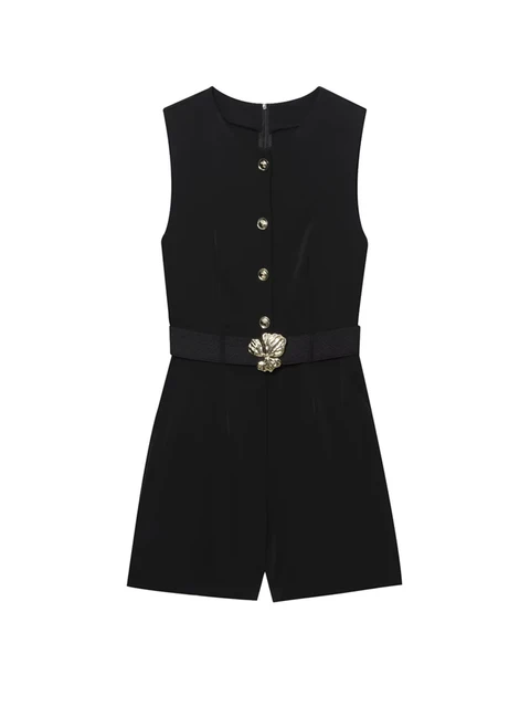 Women's Fashion Belted Sleeveless Button-Up Playsuit with Front Pockets Stylish Female Jumpsuit for Casual Wear