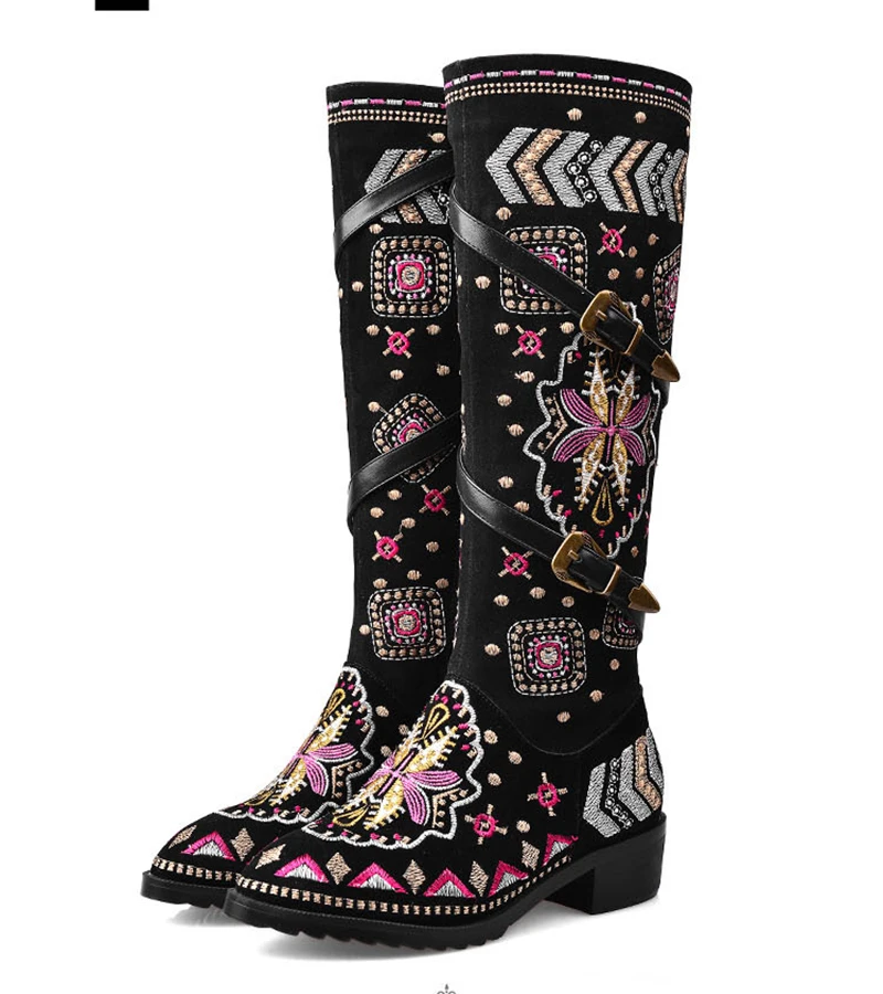 

Fall/ Winter Ethnic Style Round Toe Embroidered Genuine Leather Knee High Long Boots Retro High Boots Large Size Women's Boots