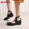 Girseaby Brand Ladies Flats Square Toe Low Heels 3cm Ankle shoes Strap Solid Concise Female Ballet Shoes Big Size 46 47 48 1