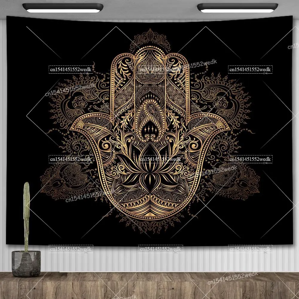 Black Gold Hamsa Hand Tapestry Hippie Bohemian Mandala Evil Eye Wall Tapestry Aesthetic Bedroom Decoration Yoga Meditation 2