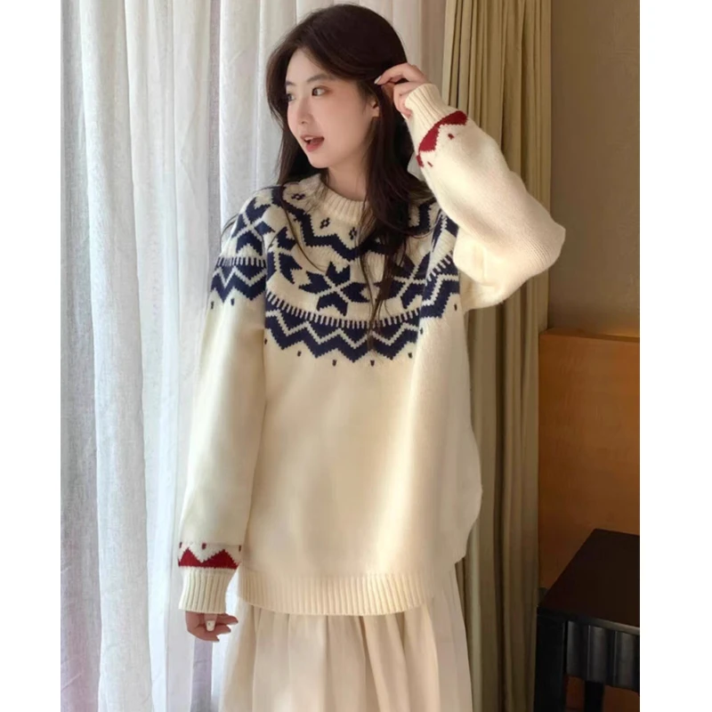 Autumn Casual Soft Loose Long Sleeved Knitted Top Winter Korean Printed O-neck Pullover Sweater Classic Retro Women's Sweater