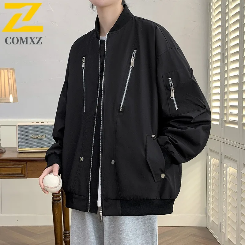 Men's Baseball Collar Jacket Heavyweight Zipper Flight Coat American Style Windproof Water-Resistant Spring Autumn Outerwear