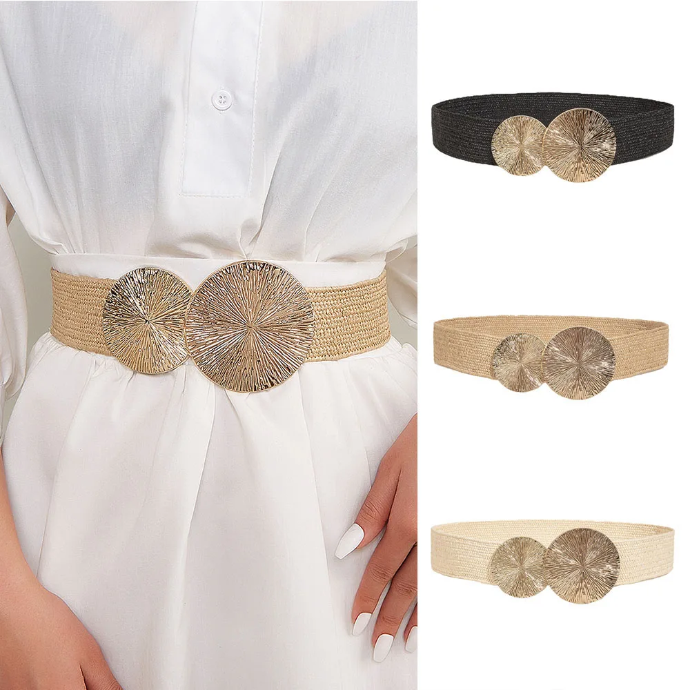 

Woven Waist Seal Coat Dress Decorative Waistband Braided Elastic Wide Corset Belt Metal Double Round Buckle Casual Women Belts