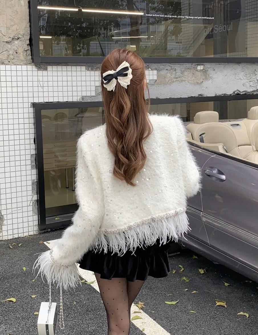 2024 Spring/Summer New Women's Wear Classic 3d Cutting round Neck Customized Vintage Weave Hem Feather Short Coat 0409