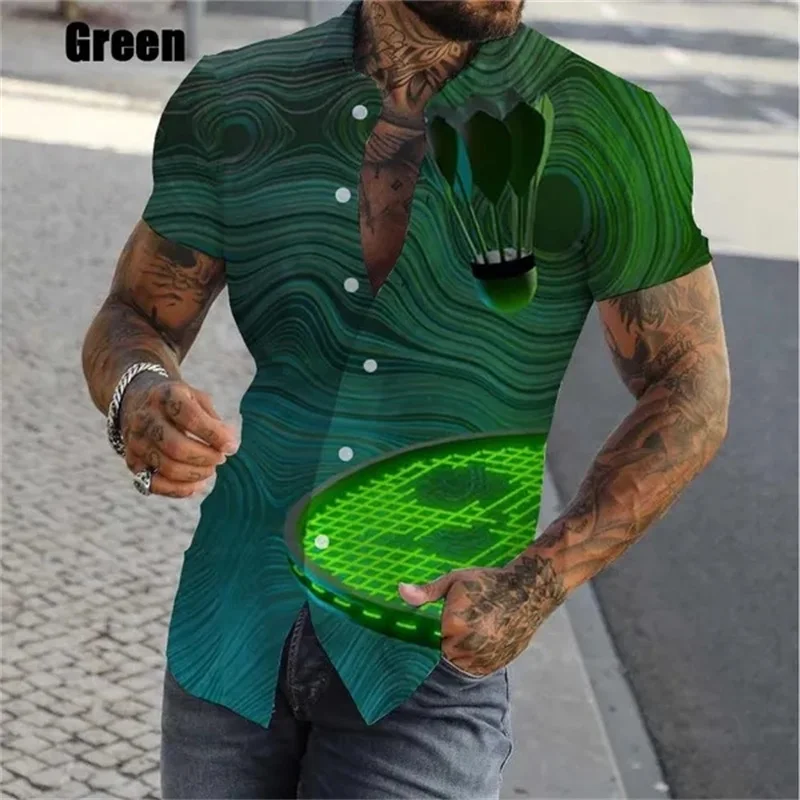 thumbnail image 1 of Camisa de playa de manga corta para hombre, estampado completo, con estampado de bádminton, para verano, informal, con personalidad, talla grande, 1 of 5