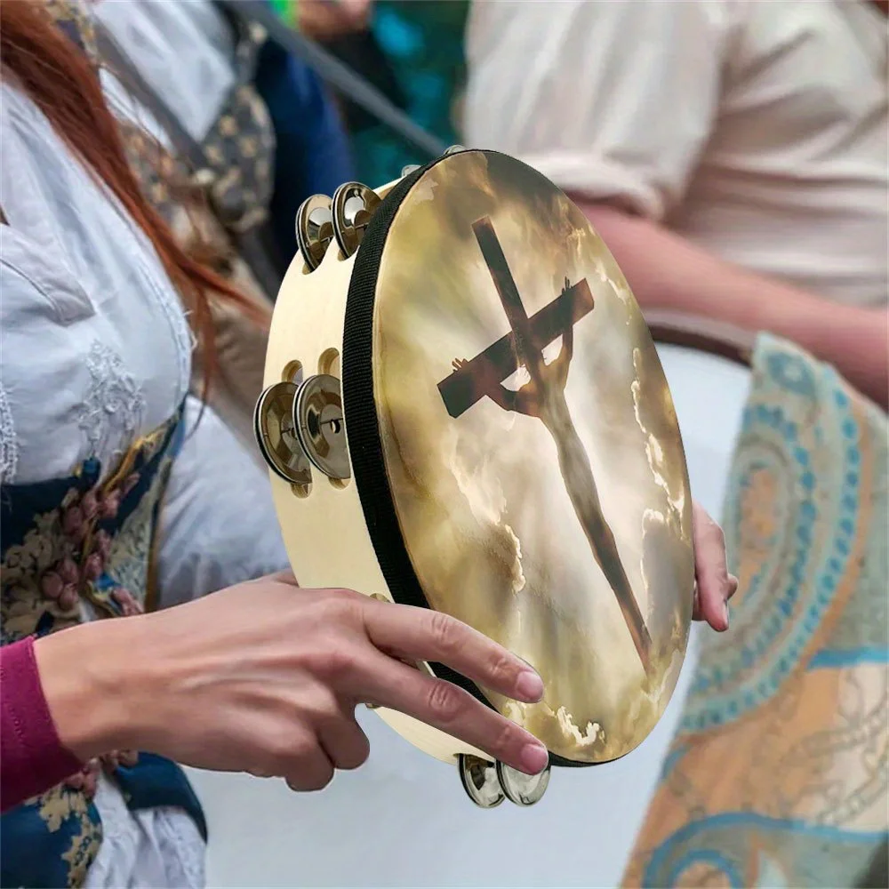 Crucifixion Tambourine Double Row Jingle Hand bell Clap Drum Party Musical Instrument 8/10-inch