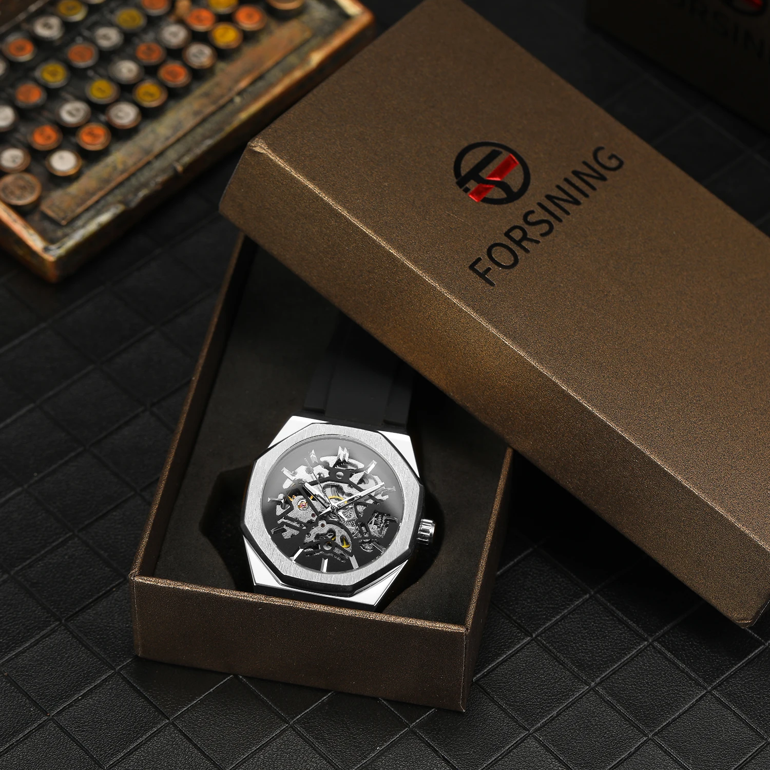 Luxury Brands FORSINING Original Factory Octagon Silver Steel Skeleton Mechanical Mens Watch Automatic Movement Clockwork Rubber