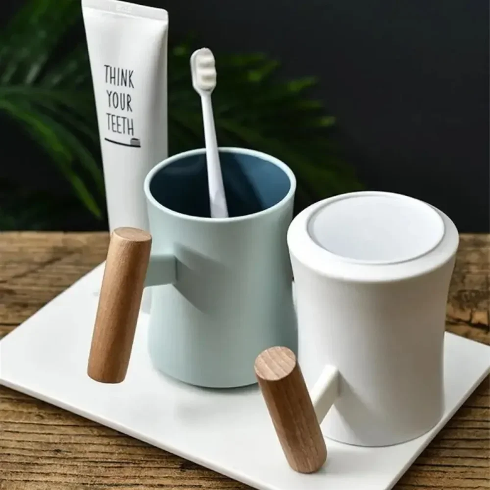 Wooden Handle Mouthwash Cup Couple's Toothbrush Cups High-End Plastic Mouthwash Cup Double-Layer Contrast-Color Mouthwash Cup