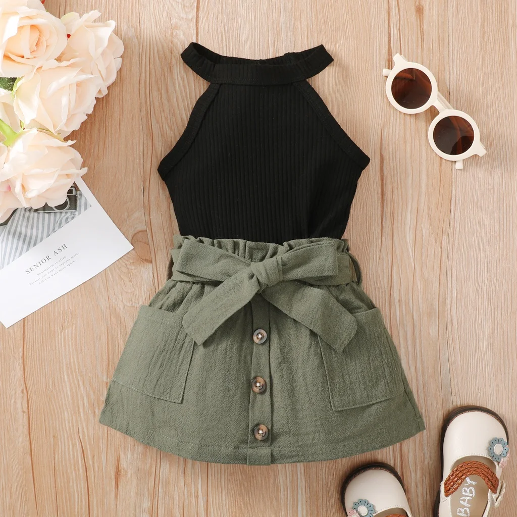 2PCS Baby Girl Clothing Set Ribbed Hanging Neck Top+Short Skirt Fashion Korean Style Summer Outfit for 3-24Months Toddler Girl 2