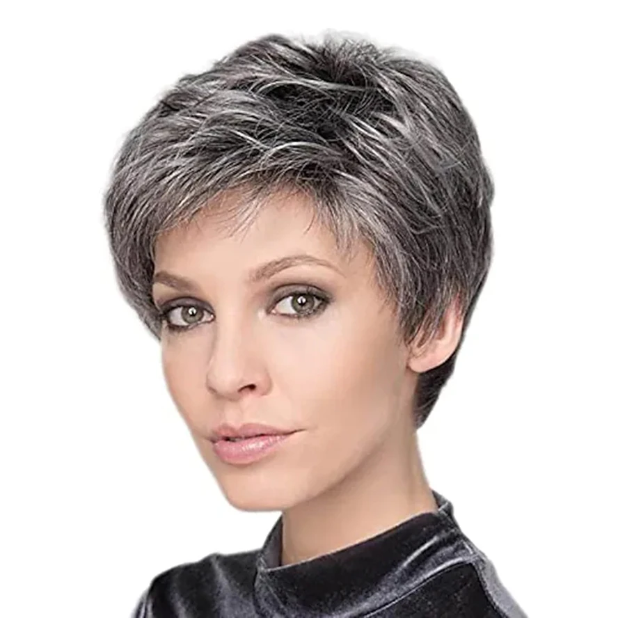 Synthetic Hair Short Grey Wigs for White Women short layered straight full wig