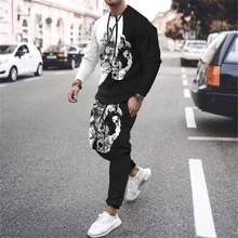 

New Spring and Autumn Men's Casual Sportswear Suit Black and White Fashion Long-sleeved T-shirt + Pants Sportswear Suit 2022