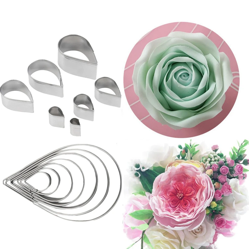 Fondant Cake Mold Stainless Steel Creative Water Drop Rose Flower Leaves Pastry Mould Biscuit Candy Decorating Tools 7Pcs/Set baking mold baking decorating tools