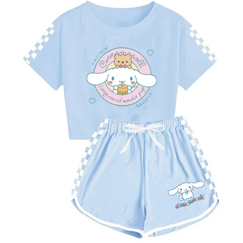 

Sanrio Girls Cartoon T-Shirts and Shorts Set Cinnamoroll Kuromi Soft Pajamas Short Sleeve Set Summer Sport Clothes Homewear Gift