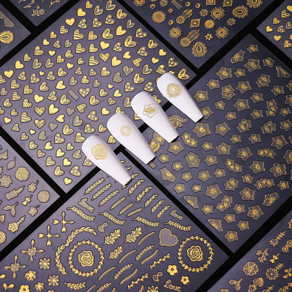 

1pc Gold Nail Sticker Decal Long Leaves/Five Petaled Flower/Love Heart Nail Decoration 3D Self Adhesive Nail Decal Sticker