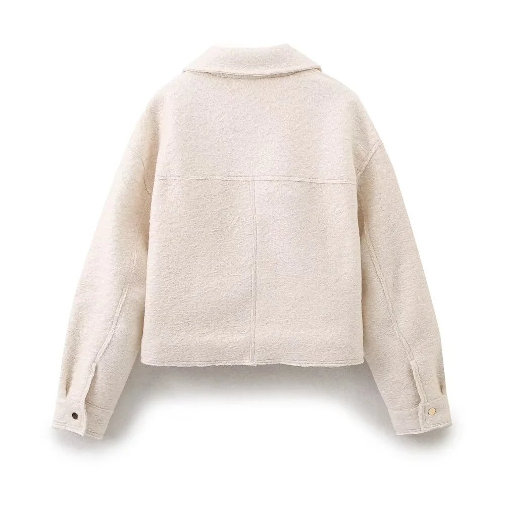 Women Fashion Beige Zipper Jackets Coat With Pockets Female Vintage Turn-Down Collar Long Sleeves Lady Chic Outwear Streetwear