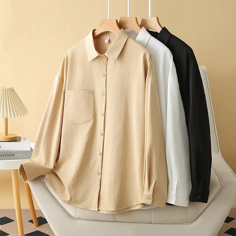 Women's Long-Sleeved Shirt, Simple Monochromatic Blouses, Plus Size, Spring and Autumn, New, 125