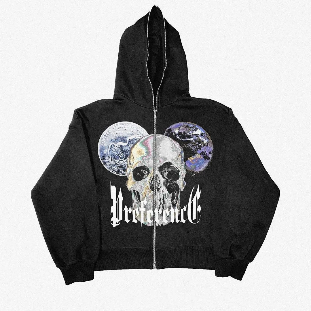 

Skull Print Hoodie Sweatshirt Men's European and American Loose Crewneck Long Sleeves Spring and Autumn Trend Zipper Sweatshirt