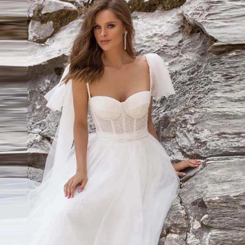 Grazioso Abito Da Sposa In Tulle Morbido Con Cinturino A Spaghetti Bianco 2022 Paillettes Glitterate Illusion A-Line Abiti Da Sposa Lunghi Vestito Da 