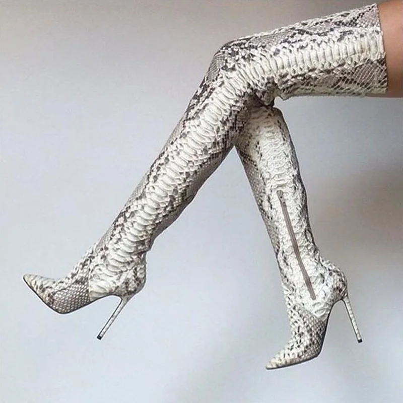 

Sexy Snakeskin Boots Stiletto Heel Pointy Toe Python Printed Leather Thigh High Boot Side Zipper Winter Tall Boots