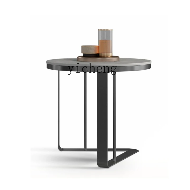 

Tqh Light Luxury Stone Plate Side Table Stainless Steel Mesh Red Living Room Modern round Mini Corner Table