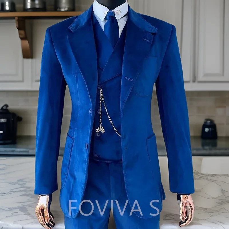 

Royal Blue Velvet Suits for Men 3 Piece Wedding Grooms Tuxedo Notched Lapel Male Fashion Smoking Jacket with Vest Pants 2024