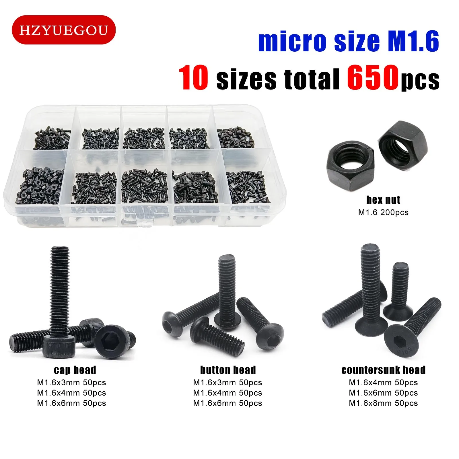 Description Picture 3 of item650pcs/box Micro Small Mini M1.6 Allen Hexagon Hex Socket Head Cap Button Flat Countersunk Screw Bolt Nut Set Kit Black Steel