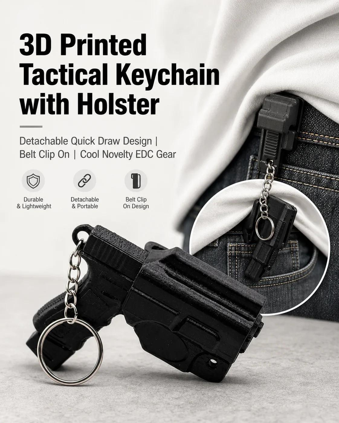 3D-gedruckter taktischer Mini-Pistolen-Schlüsselanhänger mit abnehmbarem Holster und Gürtelclip, EDC-Ausrüstung, originelles Geschenk für Männer, die Waffen lieben.
